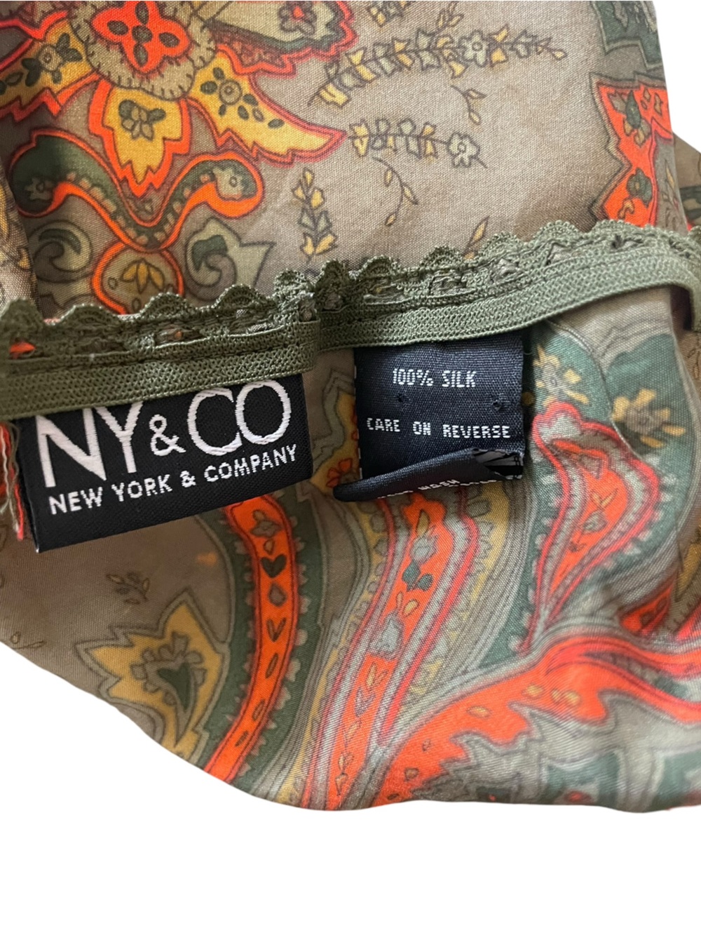 NY&Co. 100% Silk Midi Skirt Paisley 90s Olive Boho Earthtone Witchy LG Grunge - Picture 13 of 13